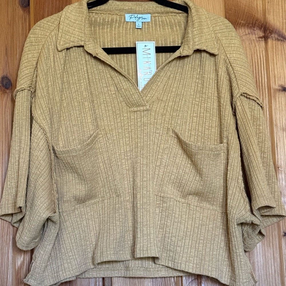 NWT Polagram Women's Camel Ribbed Blouse